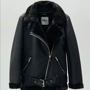 Zara Double Faced Faux Fur Biker Jacket